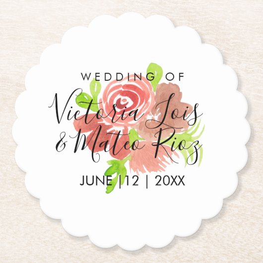 Waterverf Floral Pink Beige Blush Leaf Wedding Kartonnen Onderzetters (Voorkant)