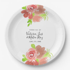 Waterverf Floral Pink Beige Blush Leaf Wedding Papieren Bordje