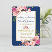 Waterverf Floral Pink Blue Gold Wedding B Kaart (Staand voorkant)