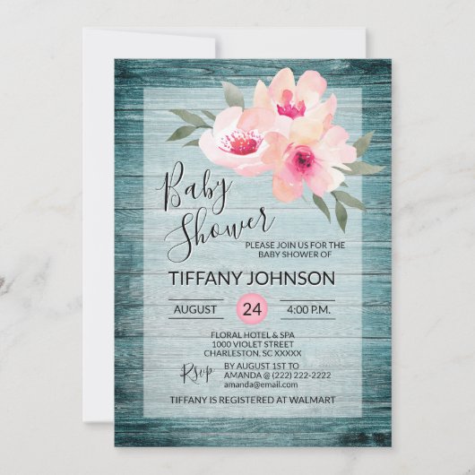 Waterverf Floral Pink Blue Rustic Baby shower Kaart (Voorkant)