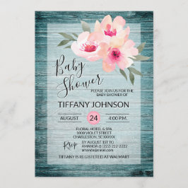 Waterverf Floral Pink Blue Rustic Baby shower Kaart