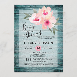 Waterverf Floral Pink Blue Rustic Baby shower Kaart