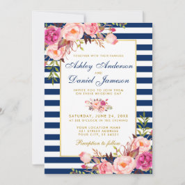 Waterverf Floral Pink Blue Striped Gold Wedding Kaart