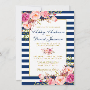 Waterverf Floral Pink Blue Striped Gold Wedding Kaart
