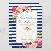 Waterverf Floral Pink Blue Striped Gold Wedding Kaart (Voorkant / Achterkant)