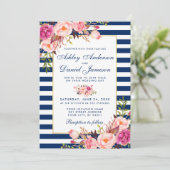 Waterverf Floral Pink Blue Striped Wedding B Kaart (Staand voorkant)