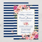 Waterverf Floral Pink Blue Striped Wedding B Kaart (Voorkant / Achterkant)