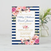 Waterverf Floral Pink Blue Stripes Gold Wedding Kaart (Staand voorkant)