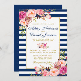 Waterverf Floral Pink Blue Stripes Gold Wedding Kaart