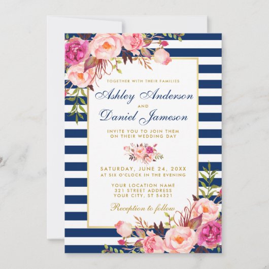 Waterverf Floral Pink Blue Stripes Gold Wedding W Kaart (Voorkant)