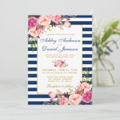 Waterverf Floral Pink Blue Stripes Gold Wedding W Kaart (Staand voorkant)