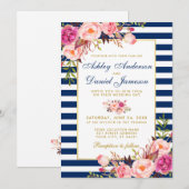 Waterverf Floral Pink Blue Stripes Gold Wedding W Kaart (Voorkant / Achterkant)