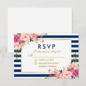 Waterverf Floral Pink Blue Stripes RSVP Wedding (Voorkant / Achterkant)