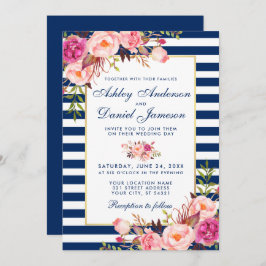 Waterverf Floral Pink Blue Stripes Wedding B Kaart