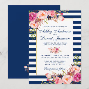 Waterverf Floral Pink Blue Stripes Wedding B Kaart