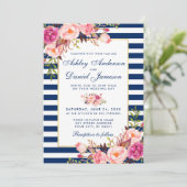 Waterverf Floral Pink Blue Stripes Wedding WB Kaart (Staand voorkant)