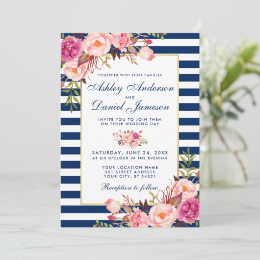 Waterverf Floral Pink Blue Stripes Wedding WB Kaart (Staand voorkant)