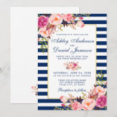 Waterverf Floral Pink Blue Stripes Wedding WB Kaart (Voorkant / Achterkant)