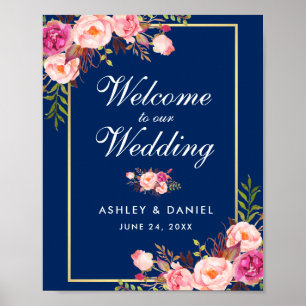 Waterverf Floral Pink Blue Wedding Welcome Poster