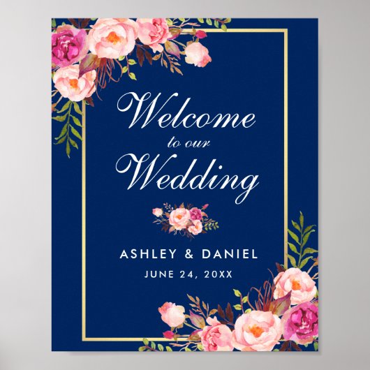Waterverf Floral Pink Blue Wedding Welcome Poster (Voorkant)
