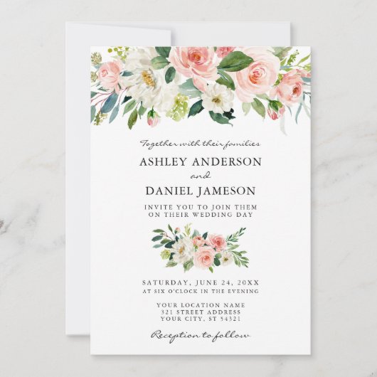 Waterverf Floral Pink Blush Elegant Wedding W Kaart (Voorkant)