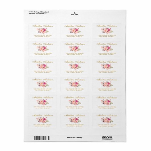 Waterverf Floral Pink Blush Gold Etiket (Full Sheet)