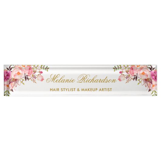 Waterverf Floral Pink Blush Gold Naambordje (Voorkant)