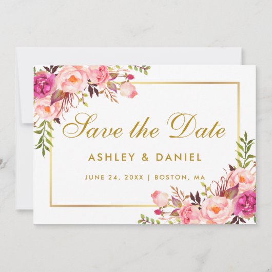 Waterverf Floral Pink Blush Gold Save the Date (Voorkant)