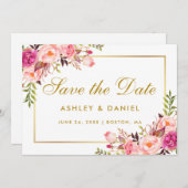 Waterverf Floral Pink Blush Gold Save the Date (Voorkant / Achterkant)