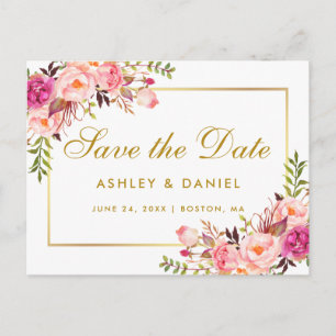 Waterverf Floral Pink Blush Gold Save the Date Aankondigingskaart