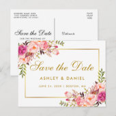 Waterverf Floral Pink Blush Gold Save the Date Aankondigingskaart (Voorkant / Achterkant)