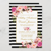 Waterverf Floral Pink Blush Gold Striped Wedding Kaart (Voorkant / Achterkant)