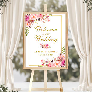 Waterverf Floral Pink Blush Gold Weddenschap Welko Poster