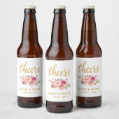 Waterverf Floral Pink Blush Gold Wedding Cheers Bier Etiket (Flessen)