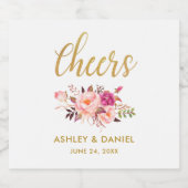 Waterverf Floral Pink Blush Gold Wedding Cheers Bier Etiket (Enkel label)
