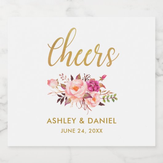 Waterverf Floral Pink Blush Gold Wedding Cheers Bier Etiket (Enkel label)
