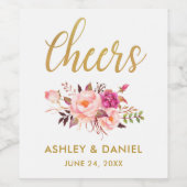 Waterverf Floral Pink Blush Gold Wedding Cheers Wijn Etiket (Enkel label)