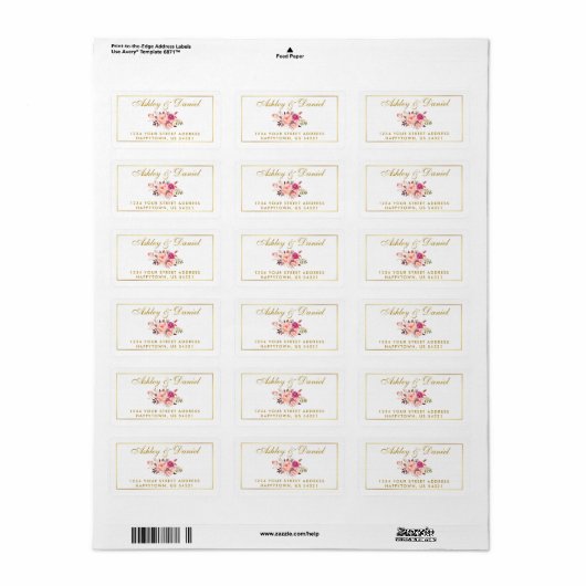 Waterverf Floral Pink Blush Gold Wedding Etiket (Full Sheet)