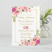 Waterverf Floral Pink Blush Gold Wedding Kaart (Staand voorkant)