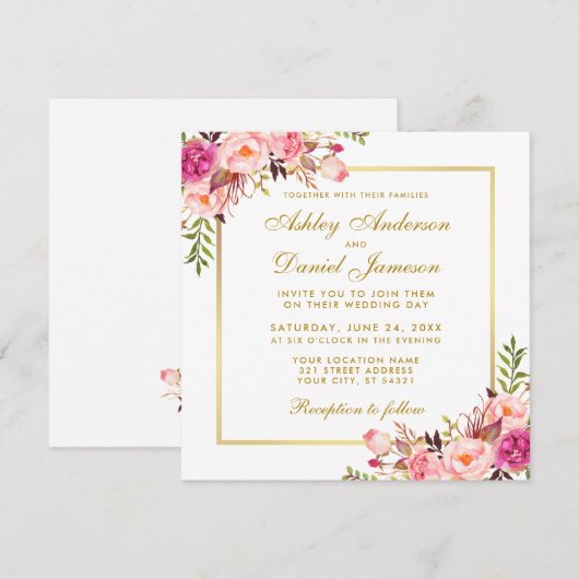 Waterverf Floral Pink Blush Gold Wedding Kaart S (Voorkant / Achterkant)