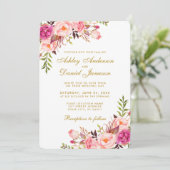 Waterverf Floral Pink Blush Gold Wedding R Kaart (Staand voorkant)