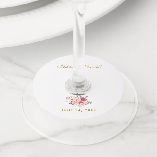 Waterverf Floral Pink Blush Gold Wedding Wijnglaslabel (Dichtbij)