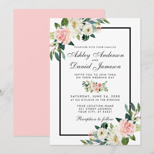 Waterverf Floral Pink Blush Green White Weddenscha Kaart (Voorkant / Achterkant)