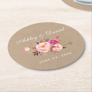 Waterverf Floral Pink Blush Kraft Wedding Ronde Kartonnen Onderzetter