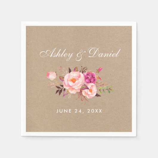 Waterverf Floral Pink Blush Kraft Wedding Servet (Voorkant)