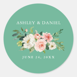 Waterverf Floral Pink Blush Neo Mint Wedding Ronde Sticker