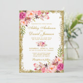 Waterverf Floral Pink Blush Weddenschap Glitter Kaart (Staand voorkant)