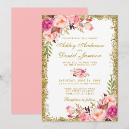 Waterverf Floral Pink Blush Weddenschap Glitter Kaart