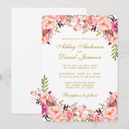 Waterverf Floral Pink Blush Weddenschap Gold Kaart (Voorkant / Achterkant)
