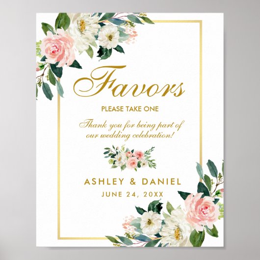 Waterverf Floral Pink Blush Wedding Gold Favors Poster (Voorkant)